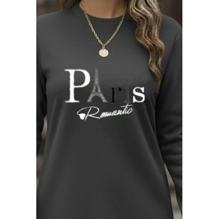 Kadın Uzun Kollu Bisiklet Yaka Yazılı Kısa Viskon Iki Iplik Elbise