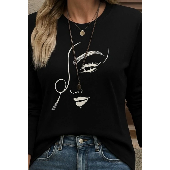 Kadın Uzun Kollu Bisiklet Yaka Yüz Desenli Viskon Bluz