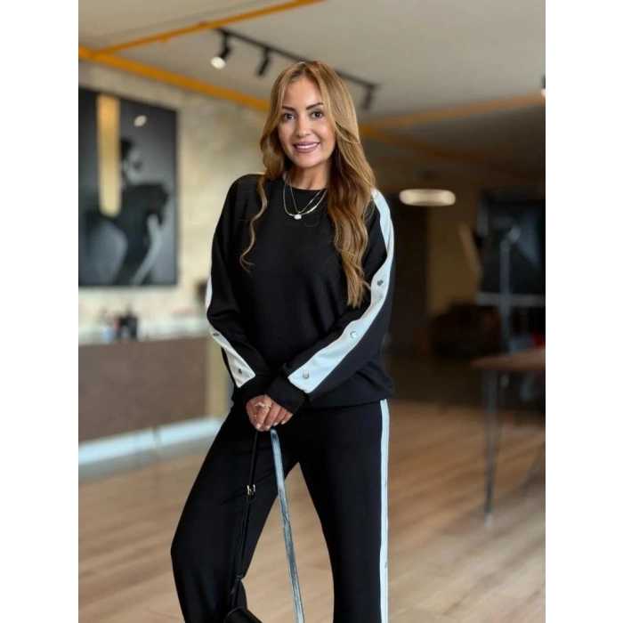 Kadın Uzun Kollu Bisiklet Yakalı Düğmeli Viskon Iki Iplik Bluz Ve Pantolon Ikili Takım