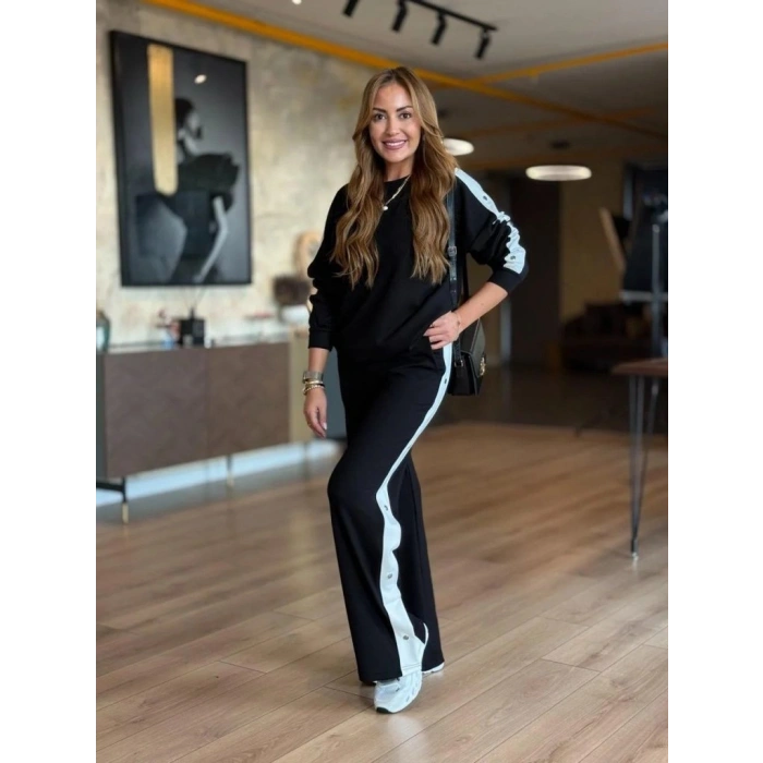 Kadın Uzun Kollu Bisiklet Yakalı Düğmeli Viskon Iki Iplik Bluz Ve Pantolon Ikili Takım