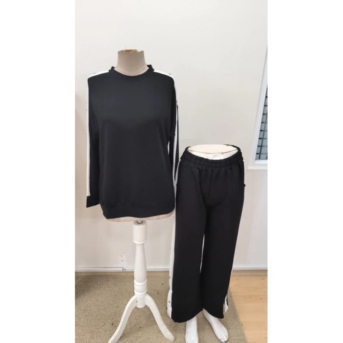 Kadın Uzun Kollu Bisiklet Yakalı Düğmeli Viskon Iki Iplik Bluz Ve Pantolon Ikili Takım