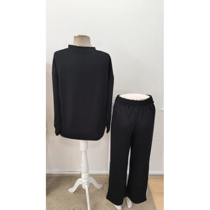 Kadın Uzun Kollu Bisiklet Yakalı Düğmeli Viskon Iki Iplik Bluz Ve Pantolon Ikili Takım