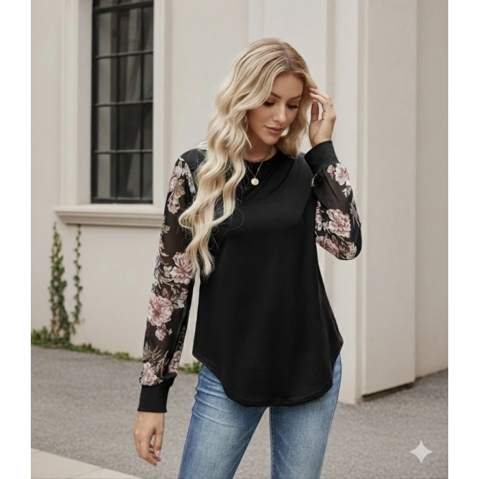 Kadın Uzun Kollu Bisiklet Yakalı Kolun çiçek Desenli Viskon Iki Iplik Bluz
