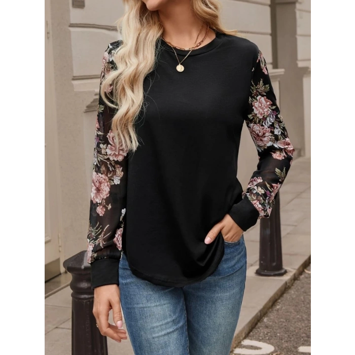 Kadın Uzun Kollu Bisiklet Yakalı Kolun çiçek Desenli Viskon Iki Iplik Bluz