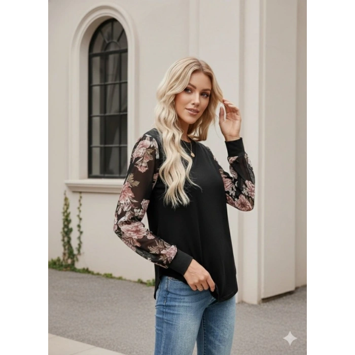 Kadın Uzun Kollu Bisiklet Yakalı Kolun çiçek Desenli Viskon Iki Iplik Bluz