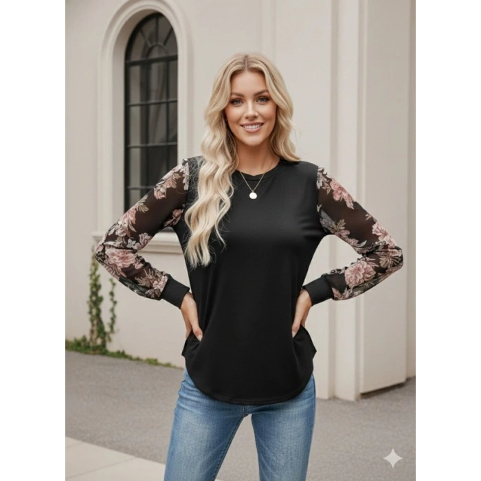 Kadın Uzun Kollu Bisiklet Yakalı Kolun çiçek Desenli Viskon Iki Iplik Bluz