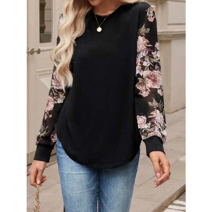 Kadın Uzun Kollu Bisiklet Yakalı Kolun çiçek Desenli Viskon Iki Iplik Bluz