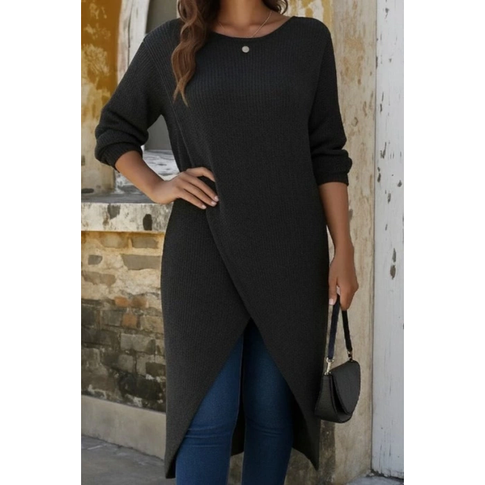 Kadın Uzun Kollu Bisiklet Yakalı önden çapraz Kesim Detaylı Midi Triko Elbise