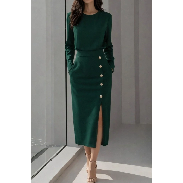 Kadın Uzun Kollu Bisiklet Yakalı Yandan Yırtmaçlı Düğmeli Midi Ithal Krep Elbise