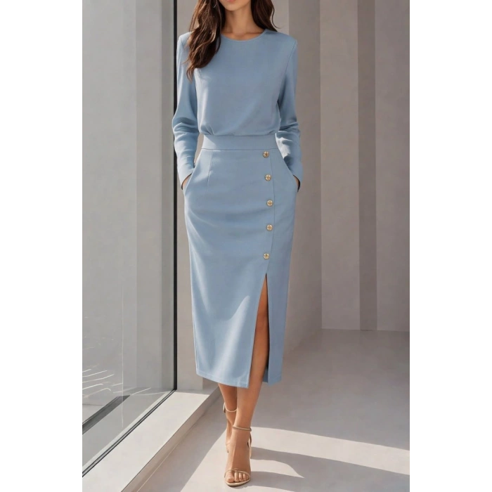 Kadın Uzun Kollu Bisiklet Yakalı Yandan Yırtmaçlı Düğmeli Midi Ithal Krep Elbise