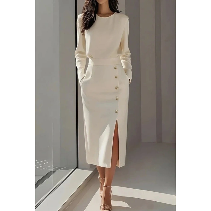Kadın Uzun Kollu Bisiklet Yakalı Yandan Yırtmaçlı Düğmeli Midi Ithal Krep Elbise