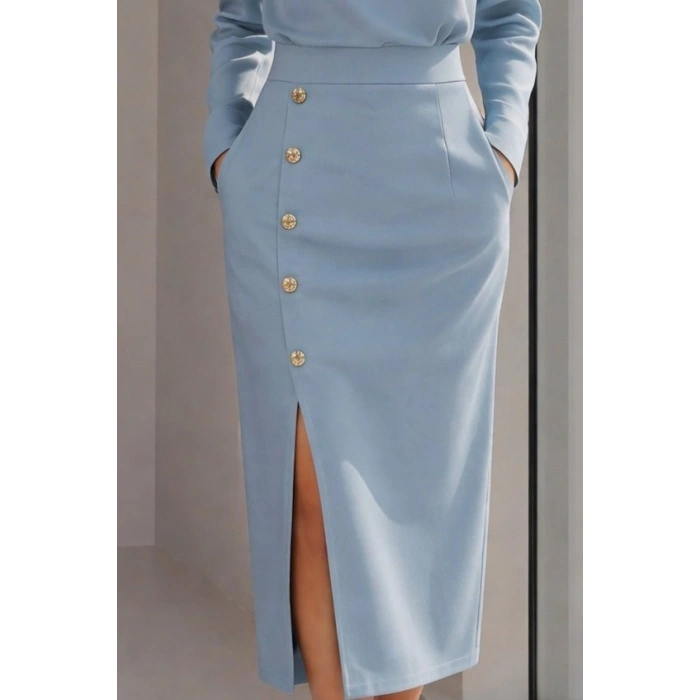 Kadın Uzun Kollu Bisiklet Yakalı Yandan Yırtmaçlı Düğmeli Midi Ithal Krep Elbise