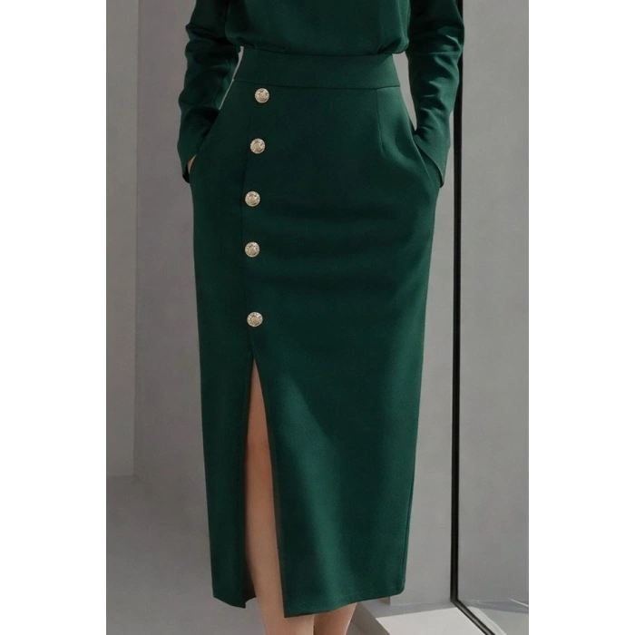 Kadın Uzun Kollu Bisiklet Yakalı Yandan Yırtmaçlı Düğmeli Midi Ithal Krep Elbise