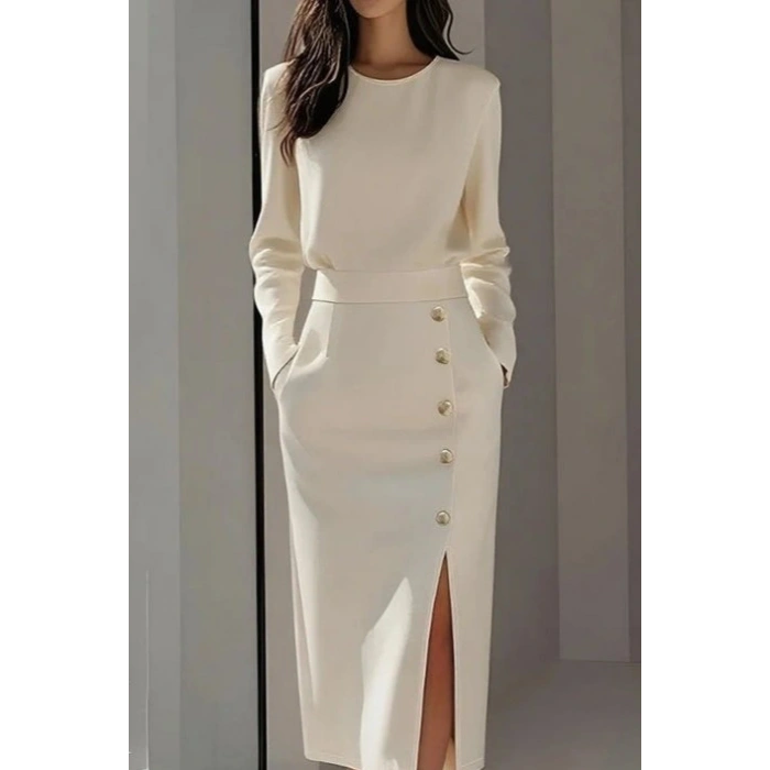 Kadın Uzun Kollu Bisiklet Yakalı Yandan Yırtmaçlı Düğmeli Midi Ithal Krep Elbise