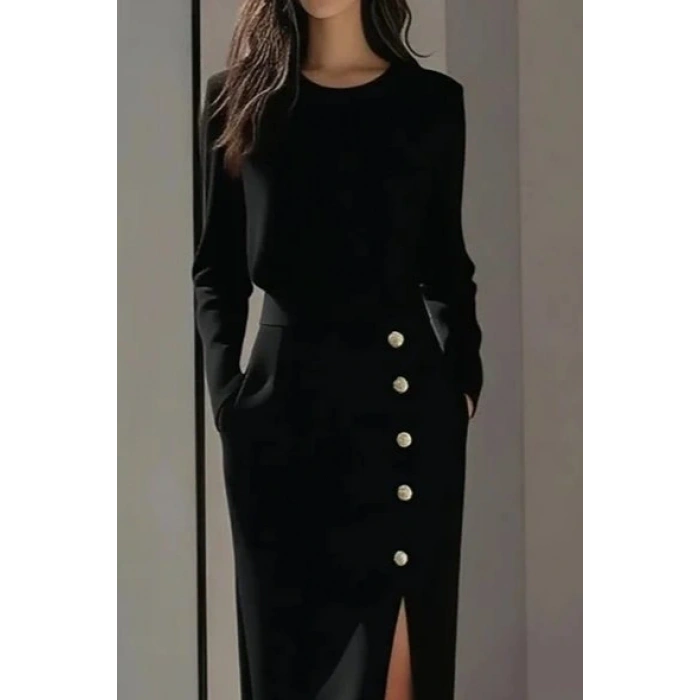 Kadın Uzun Kollu Bisiklet Yakalı Yandan Yırtmaçlı Düğmeli Midi Ithal Krep Elbise