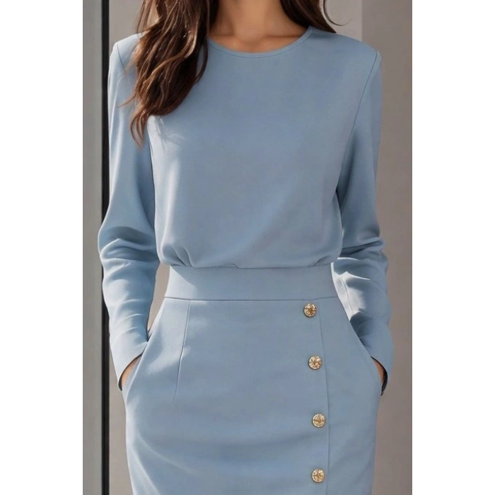 Kadın Uzun Kollu Bisiklet Yakalı Yandan Yırtmaçlı Düğmeli Midi Ithal Krep Elbise