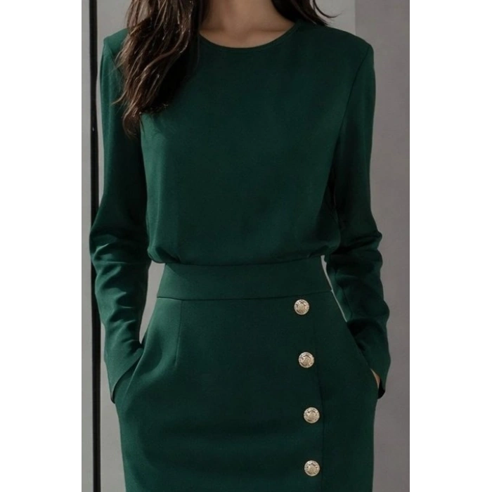 Kadın Uzun Kollu Bisiklet Yakalı Yandan Yırtmaçlı Düğmeli Midi Ithal Krep Elbise