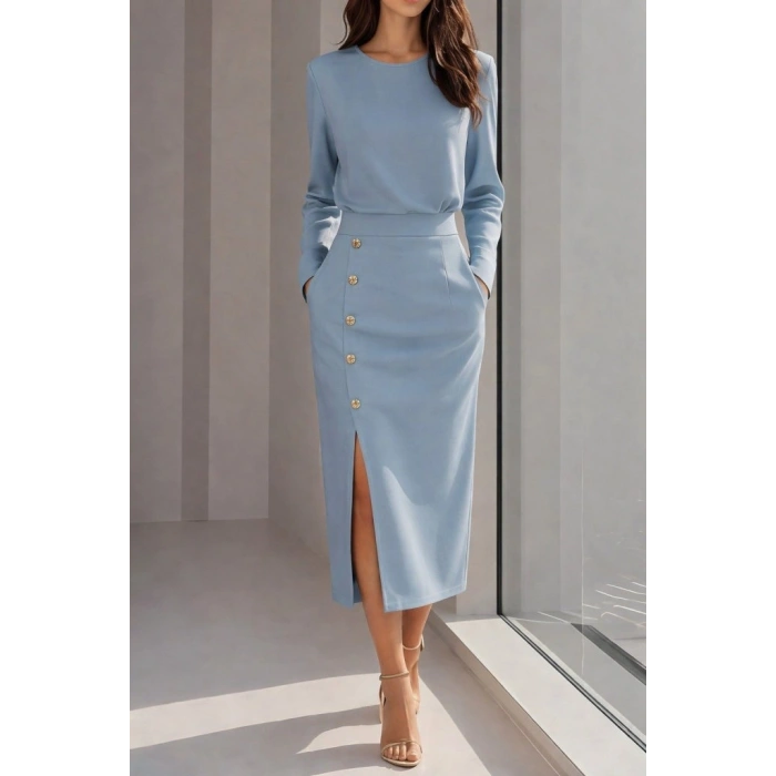 Kadın Uzun Kollu Bisiklet Yakalı Yandan Yırtmaçlı Düğmeli Midi Ithal Krep Elbise