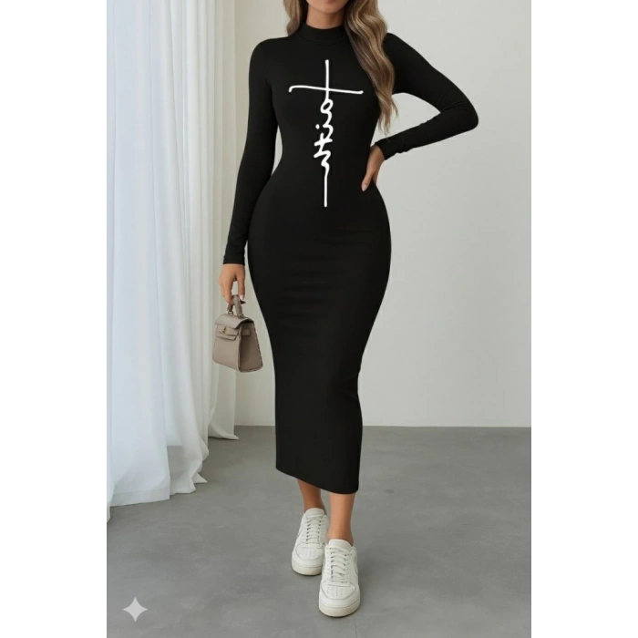 Kadın Uzun Kollu Boğazlı Baskı Detaylı Viskon Tam Boy Elbise