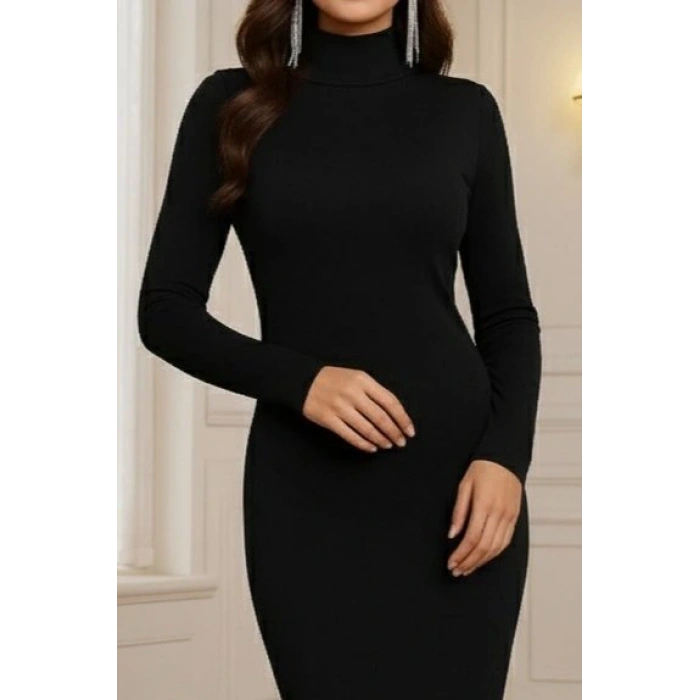 Kadın Uzun Kollu Boğazlı Midi Boy Triko Elbise (kemersiz)