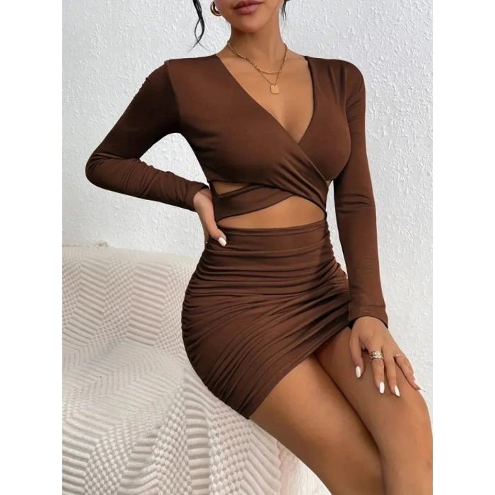 Kadın Uzun Kollu çapraz Dekolte Detaylı Mini Sandy Elbise