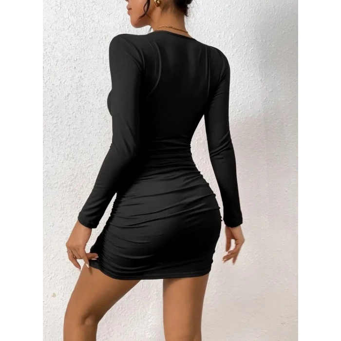 Kadın Uzun Kollu çapraz Dekolte Detaylı Mini Sandy Elbise