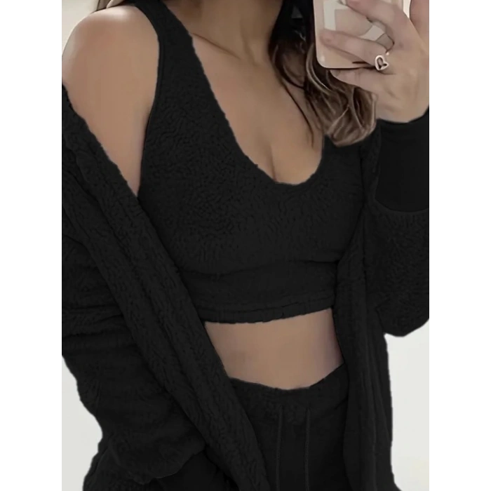 Kadın Uzun Kollu Ceket, Askılı Peluş Bluz Ve şort üçlü Takım