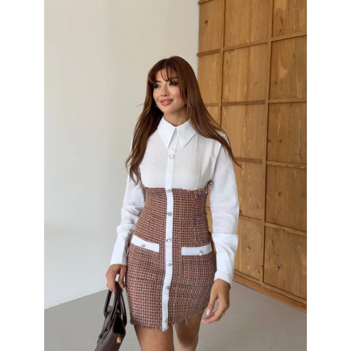 KADIN UZUN KOLLU CEP VE DÜĞME DETAY MİNİ GÖMLEK ELBİSE