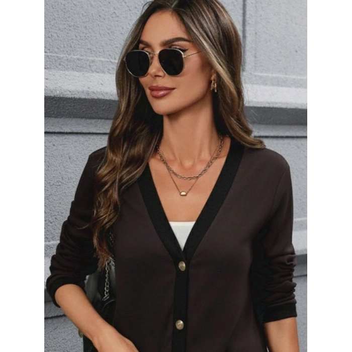 Kadın Uzun Kollu Cepli önden Düğmeli Uzun Modal Ceket Hırka