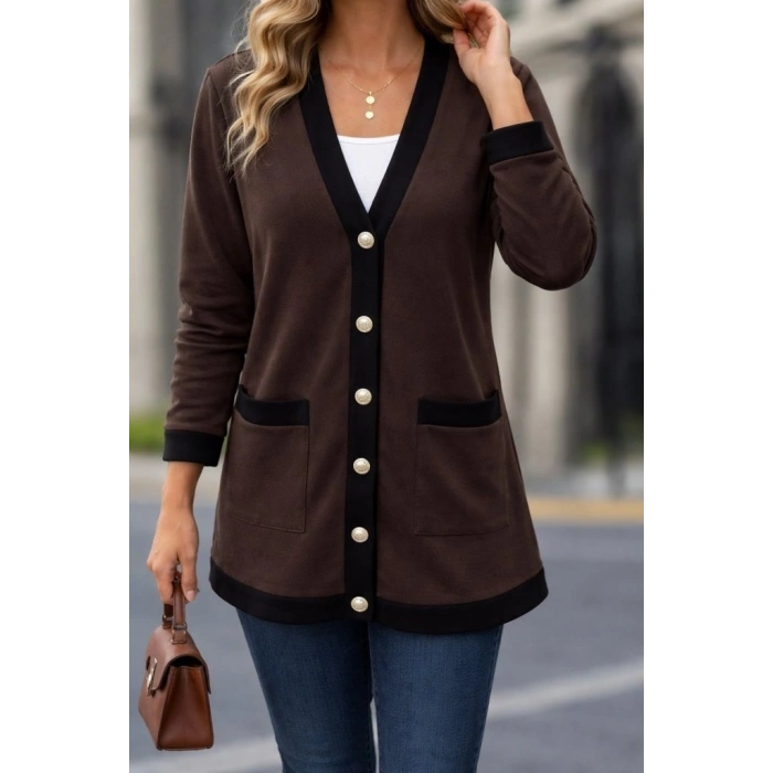 Kadın Uzun Kollu Cepli önden Düğmeli Uzun Modal Ceket Hırka