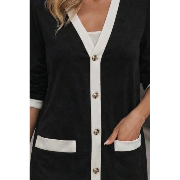 Kadın Uzun Kollu Cepli önden Düğmeli Uzun Modal Ceket Hırka