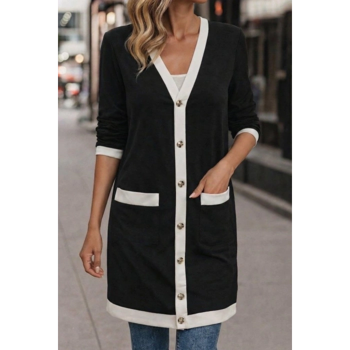 Kadın Uzun Kollu Cepli önden Düğmeli Uzun Modal Ceket Hırka