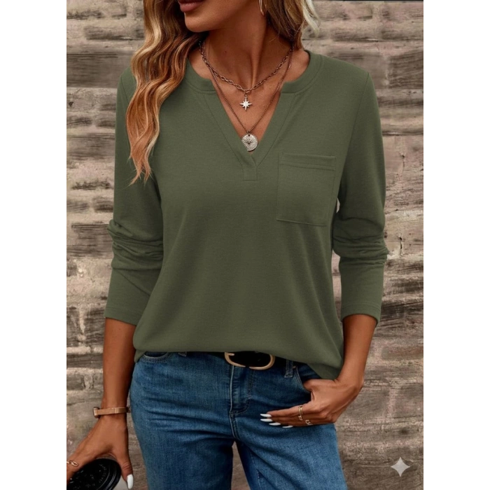 Kadın Uzun Kollu Cepli V Yakalı Viskon Iki Iplik Bluz