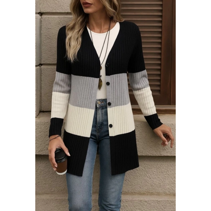 Kadın Uzun Kollu çok Renkli önden Düğmeli Uzun Ceket