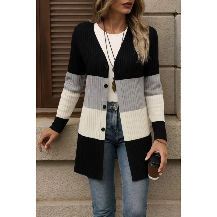 Kadın Uzun Kollu çok Renkli önden Düğmeli Uzun Ceket