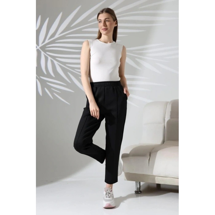 Kadın Uzun Kollu Dalıç Kumaş Cep Detay Beli Lastikli ütüsüz Pantolon