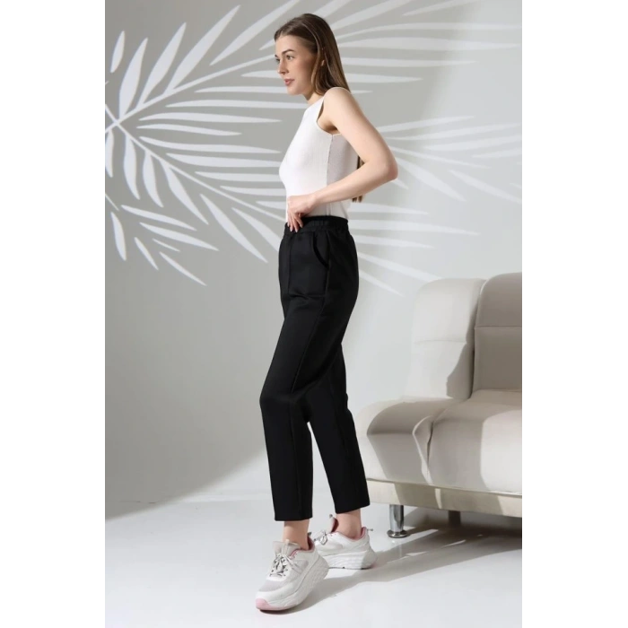 Kadın Uzun Kollu Dalıç Kumaş Cep Detay Beli Lastikli ütüsüz Pantolon