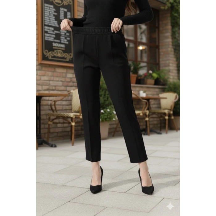 Kadın Uzun Kollu Dalıç Kumaş Cep Detay Beli Lastikli ütüsüz Pantolon