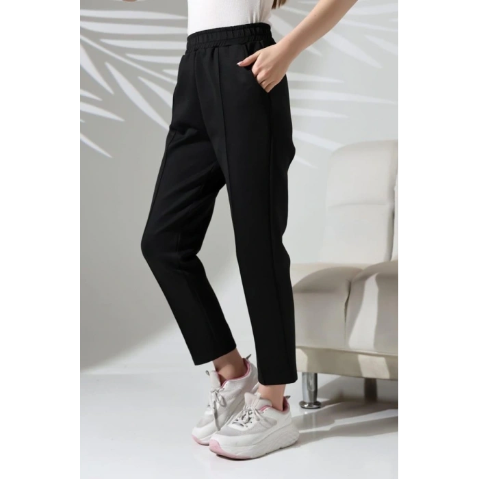 Kadın Uzun Kollu Dalıç Kumaş Cep Detay Beli Lastikli ütüsüz Pantolon