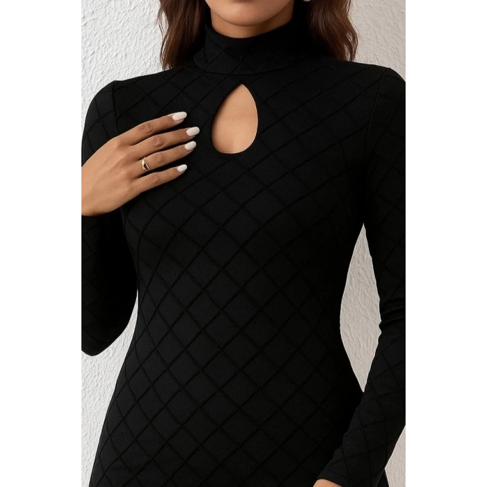 Kadın Uzun Kollu Damla Detay Flok Baskı Dalgıç Mini Elbise