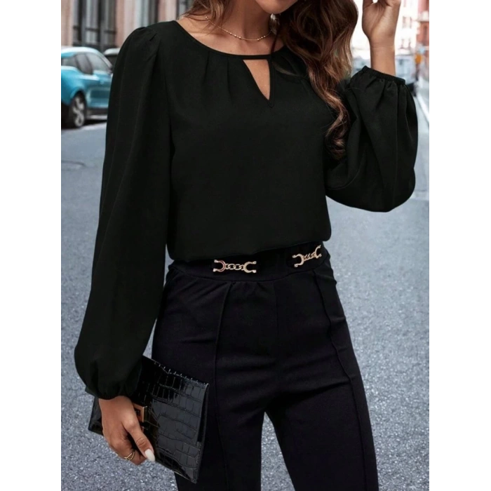 Kadın Uzun Kollu Damla Detaylı Ithal Krep Bluz