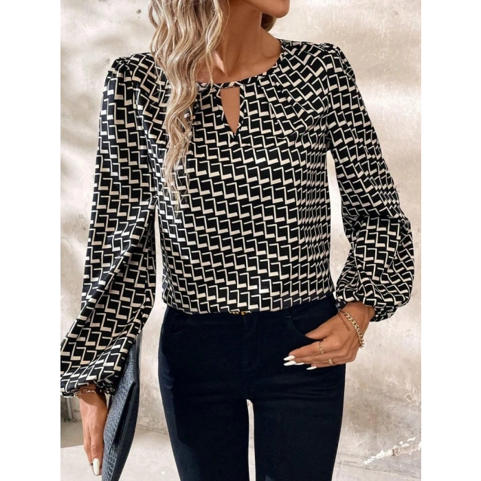Kadın Uzun Kollu Damla Detaylı Yaka Desenli Süprem Bluz