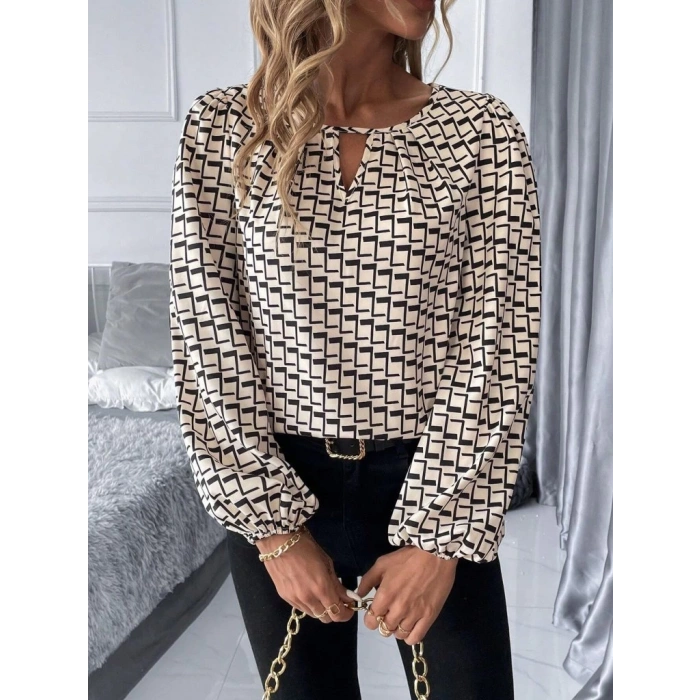 Kadın Uzun Kollu Damla Detaylı Yaka Desenli Süprem Bluz