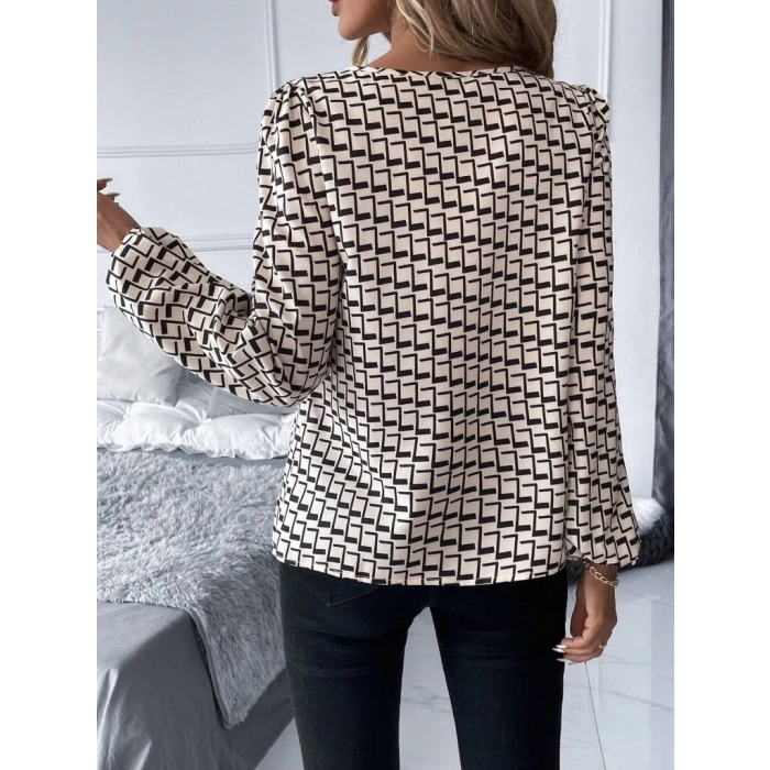 Kadın Uzun Kollu Damla Detaylı Yaka Desenli Süprem Bluz
