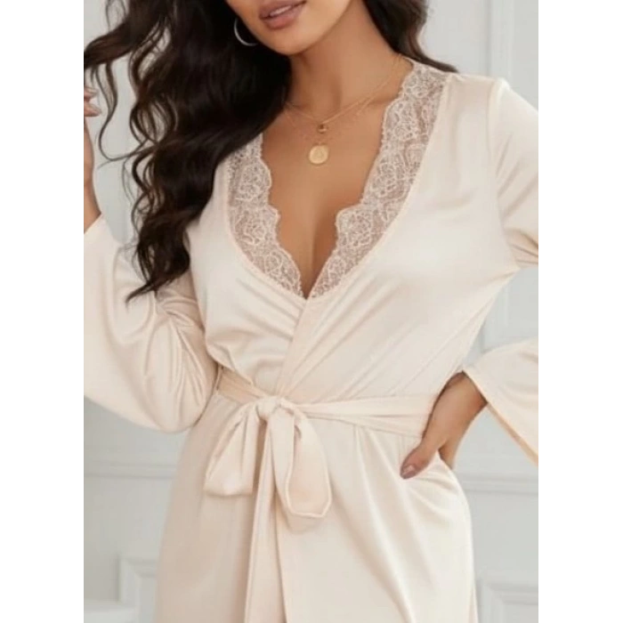 Kadın Uzun Kollu Dantel Yakalı Belden Kuşaklı Viskon Gecelik
