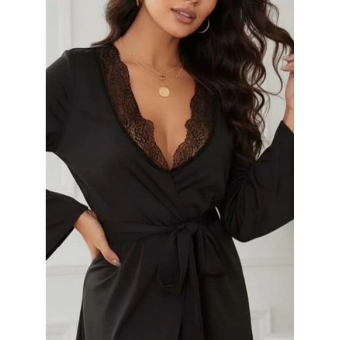 Kadın Uzun Kollu Dantel Yakalı Belden Kuşaklı Viskon Gecelik