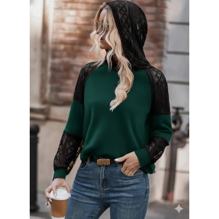 Kadın Uzun Kollu Dantelli Kapşonlu Viskon Iki Iplik Bluz
