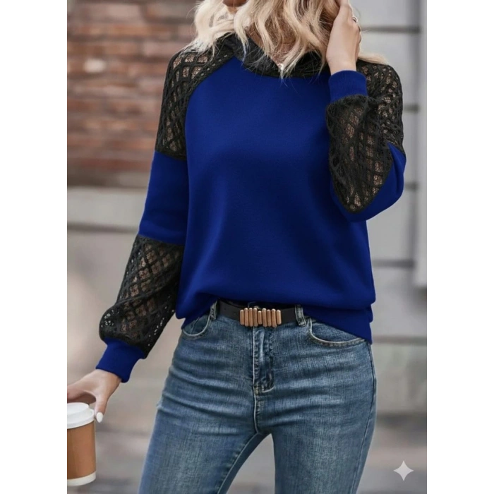 Kadın Uzun Kollu Dantelli Kapşonlu Viskon Iki Iplik Bluz