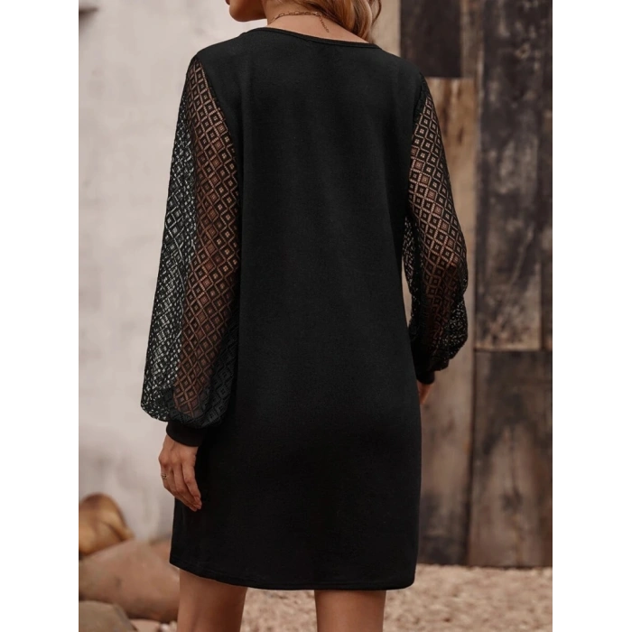 Kadın Uzun Kollu Dantelli V Yakalı Kısa Ithal Krep Elbise