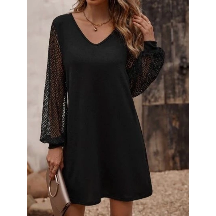 Kadın Uzun Kollu Dantelli V Yakalı Kısa Ithal Krep Elbise